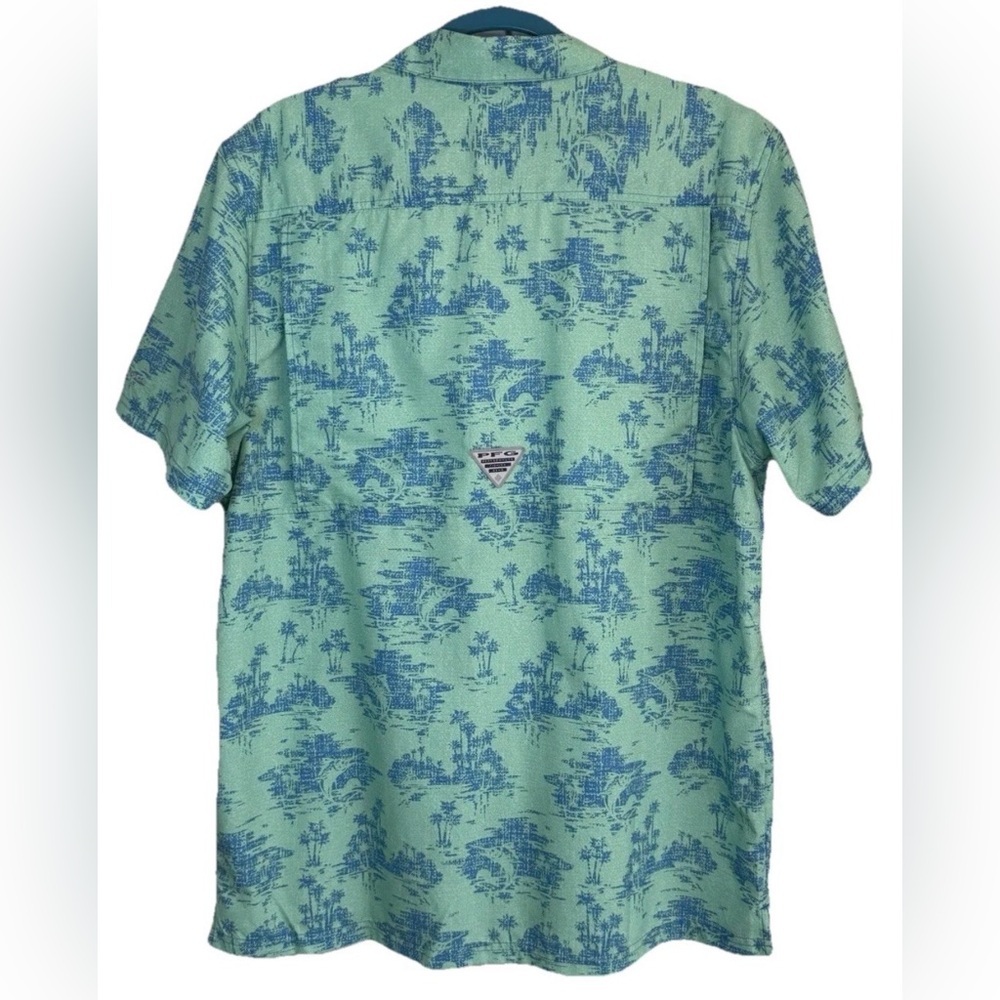 Hawaiian Columbia PFG Men's Palm Tree Fish Shirt Sz M Turquoise Blue Vented - Picture 2 of 9